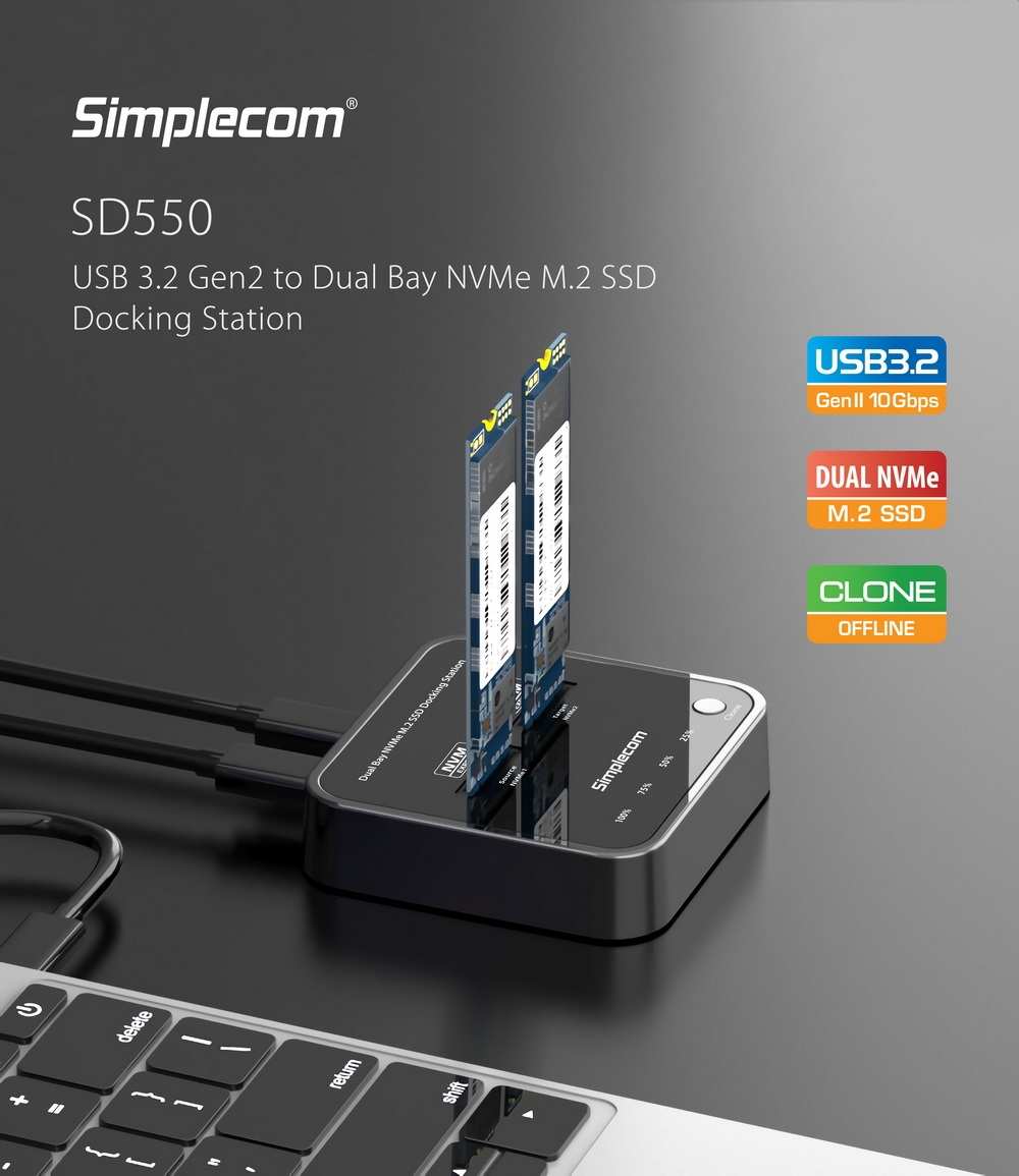 A large marketing image providing additional information about the product Simplecom SD550 USB 3.2 Gen 2 to Dual Bay NVMe M.2 SSD Docking Station - Additional alt info not provided